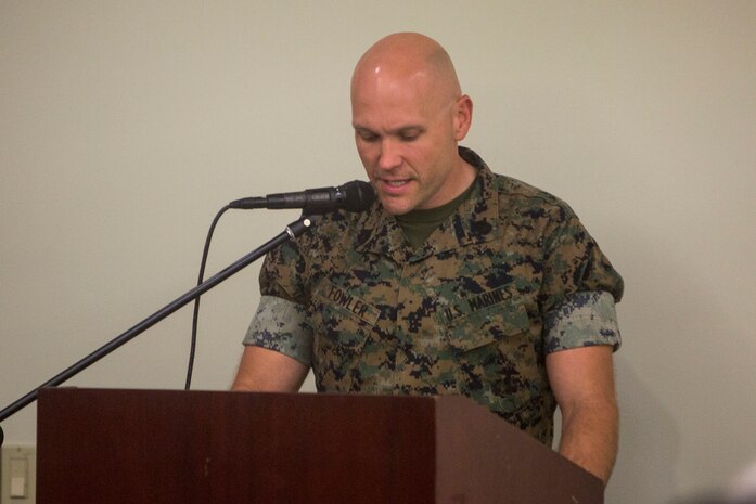 U.S. Marine Corps Gunnery Sgt. Clinton Fowler, the staff noncommissioned officer in charge, Marine Corps Community Services Hawaii, speaks during a volunteer recognition ceremony at the Staff NCO Club ballroom, Marine Corps Base Hawaii, April 19, 2018. The ceremony was dedicated to those individuals and organizations that performed volunteer services aboard MCBH from April 1, 2017, to March 31, 2018. (U.S. Marine Corps photo by Lance Cpl. Isabelo Tabanguil)