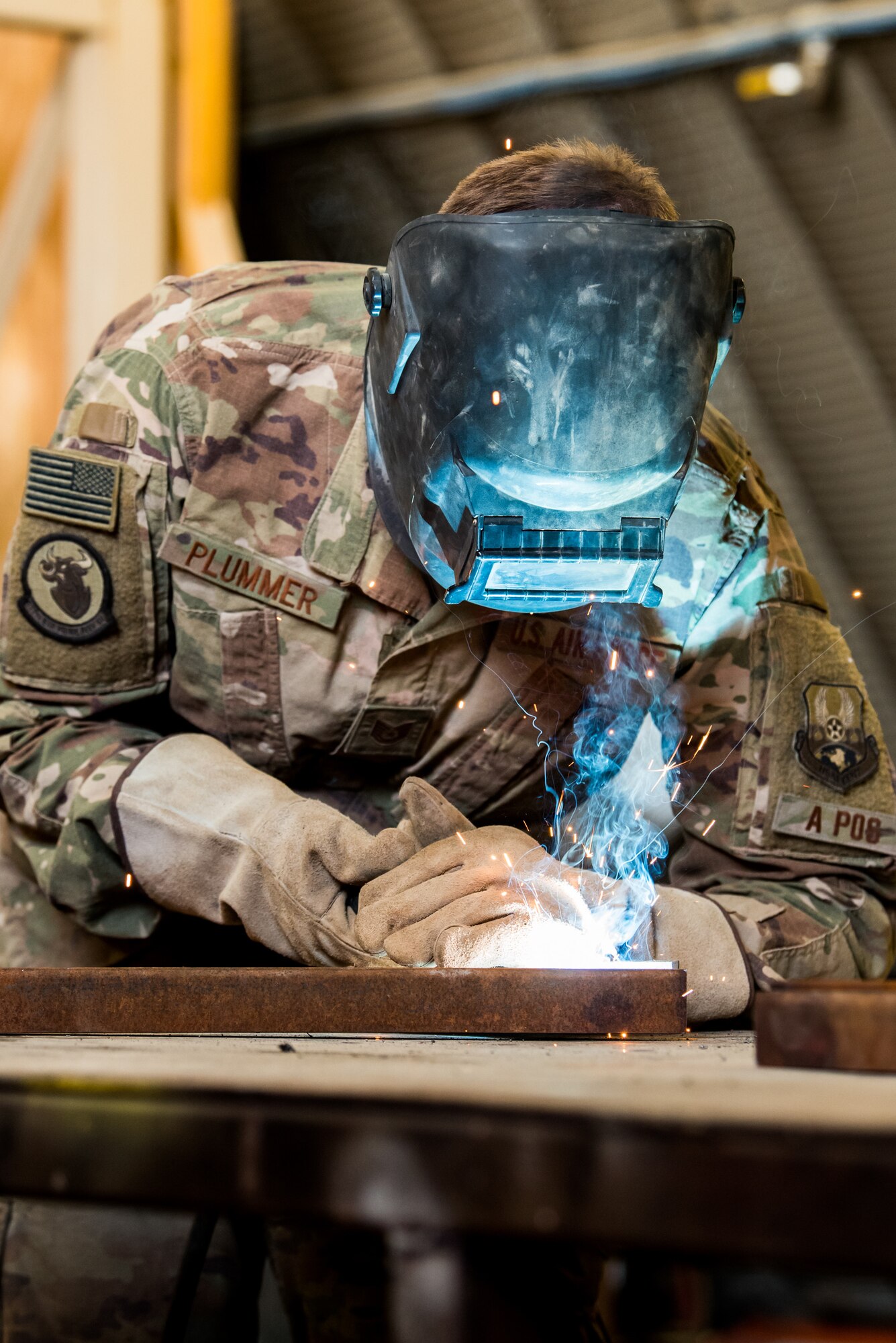 Tech. Sgt. Joshua Plummer, a water and fuels system maintenance craftsman for the1st Civil Engineer Group’s 577th Expeditionary Prime Base Engineer Emergency Force Squadron, welds parts for a shelf at Bagram Airfield, Afghanistan, May 5, 2018. Separate from traditional civil engineer units, the members of the 1st ECEG perform construction and repair in high-risk environments all across the area of operations. (U.S. Air Force photo by Staff Sgt. Joshua Horton)