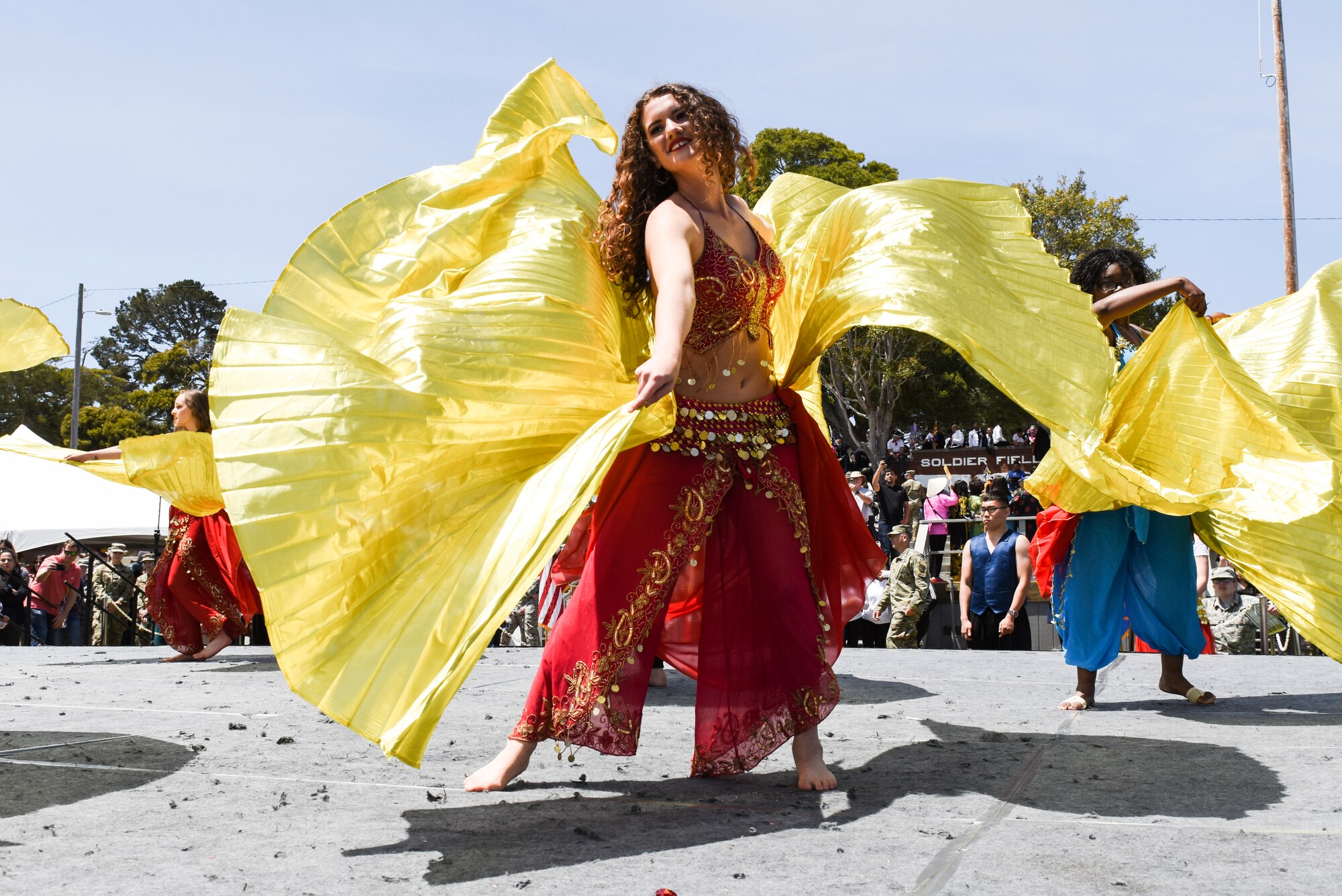 Airman 1st Class Neva Hendry, 311th Training Squadron trainee, performs the Levantine belly dance during the Defense Language Institute Foreign Language Center Language Day at the Presideo of Monterey, California, May 11, 2018. Hendry choreographed and taught the dance practicing for a month and a half before Language Day.