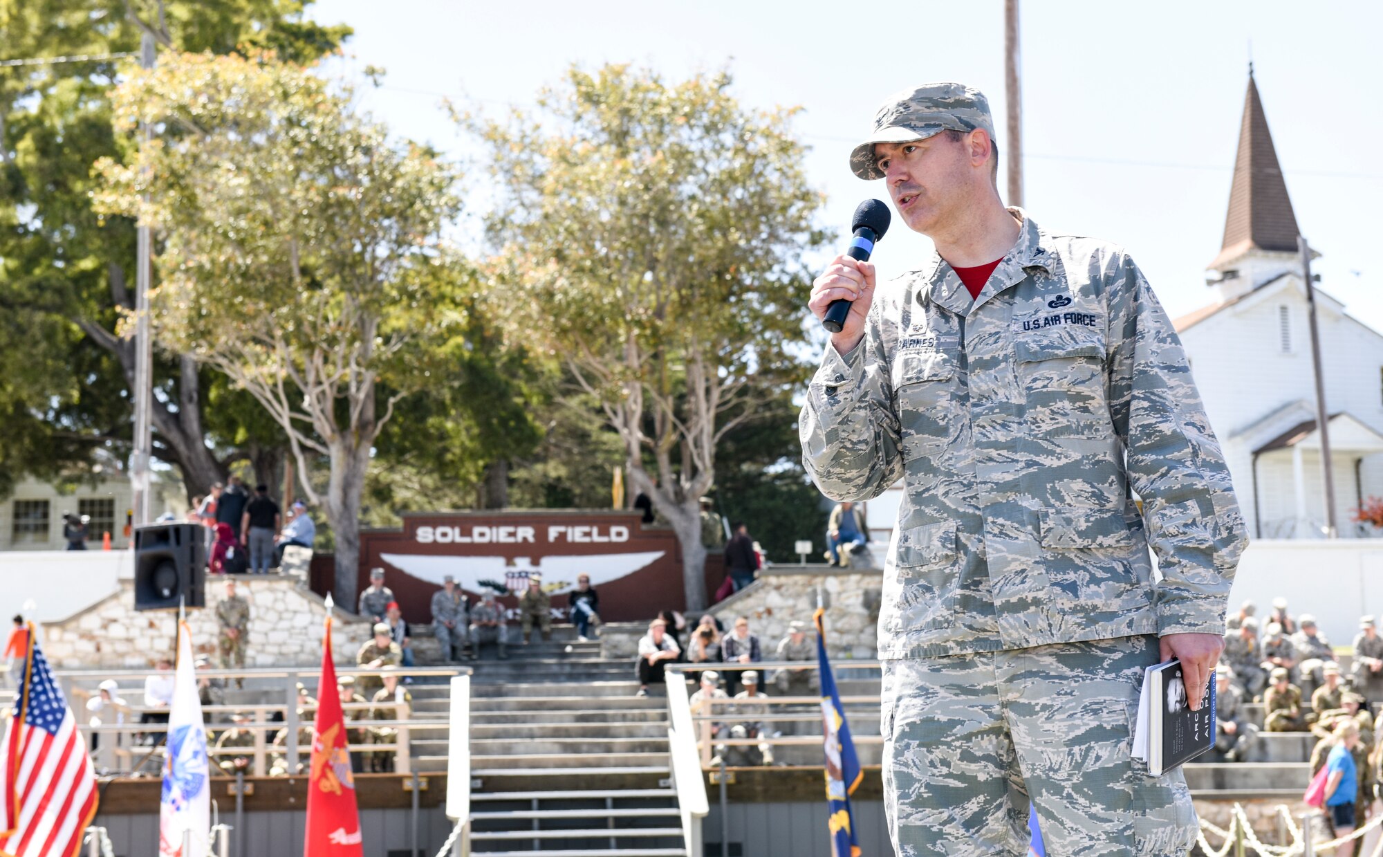 U.S. Air Force Col. Wiley Barnes, 517th Training Group commander, provides closing remarks for the Defense Language Institute Foreign Language Center at the Presideo of Monterey, California, May 11, 2018. Language Day is the one day the general public can visit the Presideo of Monterey and learn about the mission and work done by DLIFLC.