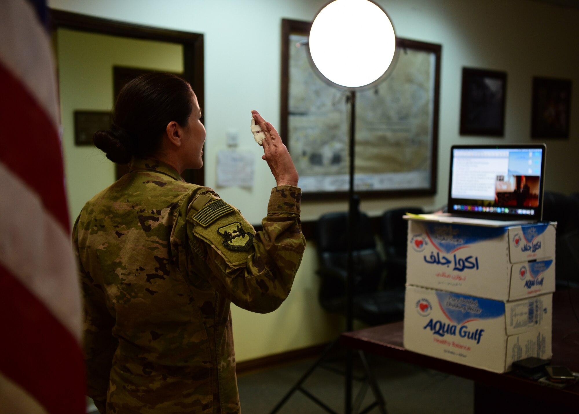 Lt. Col. Katherina Donovan, 386th Expeditionary Mission Support Group deputy commander, reads the United States Uniformed Services Oath of Office to her daughter, 2nd Lt. Kelsey Donovan, during her commissioning ceremony, held May 13, 2018. Lieutenant Donovan is slated to become an intelligence officer and will be stationed at Goodfellow Air Force Base, Texas, later this year. (U.S. Air Force photo by Staff Sgt. Christopher Stoltz)