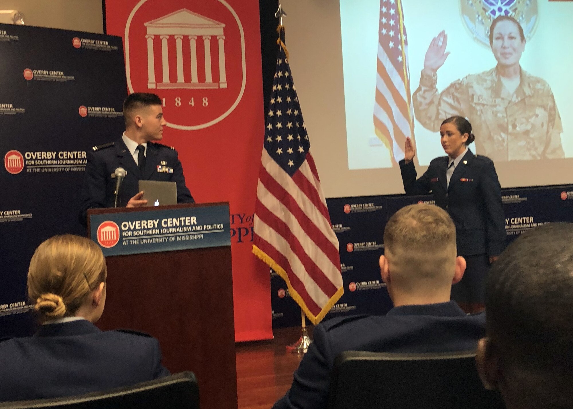 Second Lieutenant Kelsey Donovan recites the United States Uniformed Services Oath of Office during her commissioning ceremony, held May 13, 2018. Lieutenant Donovan is slated to become an intelligence officer and will be stationed at Goodfellow Air Force Base, Texas, later this year. (Courtesy photo)