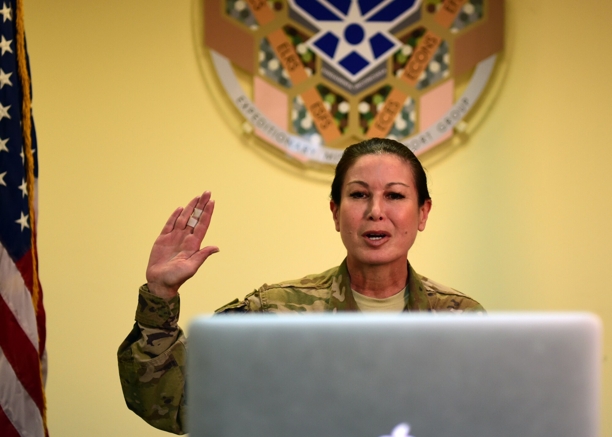 Lt. Col. Katherina Donovan, 386th Expeditionary Mission Support Group deputy commander, reads the United States Uniformed Services Oath of Office to her daughter, 2nd Lt. Kelsey Donovan, during her commissioning ceremony, held May 13, 2018 Lieutenant Donovan is slated to become an intelligence officer and will be stationed at Goodfellow Air Force Base, Texas, later this year. (U.S. Air Force photo by Staff Sgt. Christopher Stoltz)