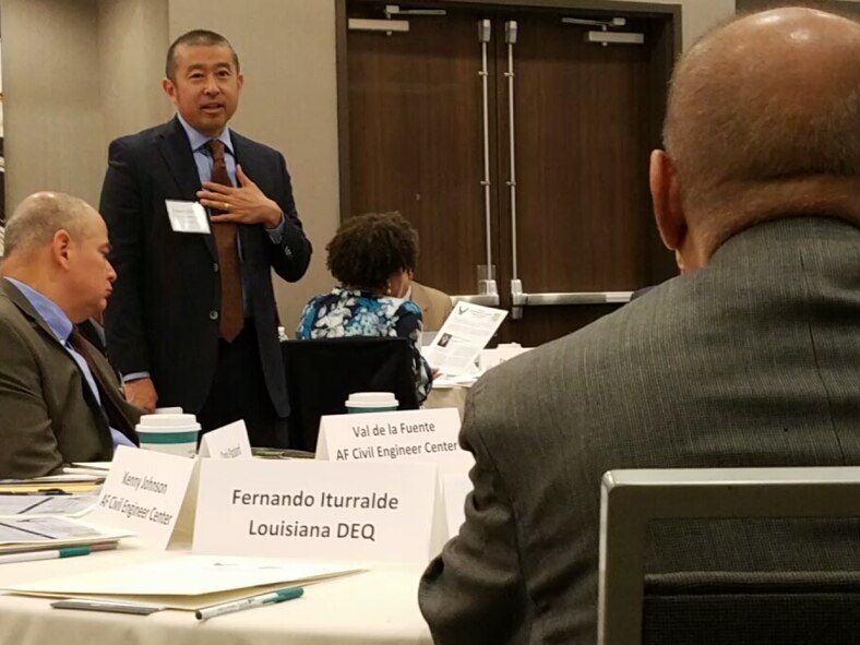 Edwin Oshiba, Air Force Civil Engineer Center director, welcomes state and federal environmental regulators to the 2018 Air Force Central Region Environmental Restoration Summit in Denver May 9.