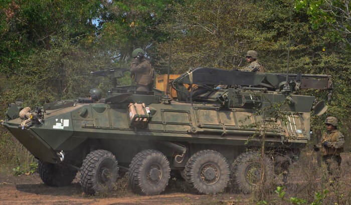 Marines from the 1st Light Armored Reconnaissance Battalion, Combat Assault Battalion, 3rd Marine Division out of Twentynine Palms, Calif., maneuver across a route during a dry run for a live fire training exercise in a light armored vehicle (LAV), Feb. 18, 2018 at Phu Lamyai, Kingdom of Thailand.