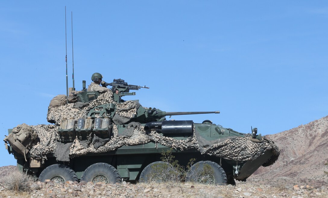 A U.S. Marine with 3rd Light Armored Reconnaissance Battalion, 1st Marine Division, provides security during a Marine Corps Combat Readiness Evaluation (MCCRE) at Marine Corps Air Ground Combat Center Twentynine Palms, Calif., Sept. 19, 2017.