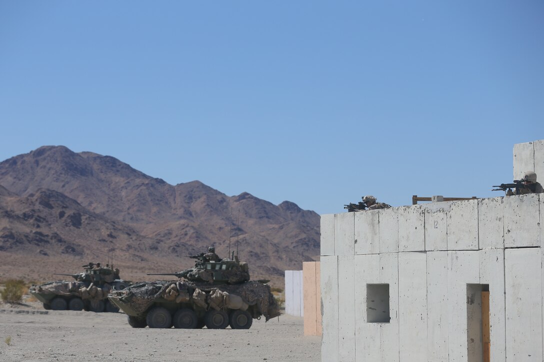 U.S. Marines with 3rd Light Armored Reconnaissance Battalion, 1st Marine Division provide security during a Marine Corps Combat Readiness Evaluation (MCCRE) at Marine Corps Air Ground Combat Center Twentynine Palms, Calif., Sept. 23, 2017.
