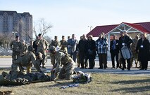 Community partners representing the nation’s leading medical organizations and prominent universities watch a full-scaled demonstration of a battlefield air medical evacuation on MacArthur Parade Field Jan. 4 at Joint Base San Antonio-Fort Sam Houston, Texas.