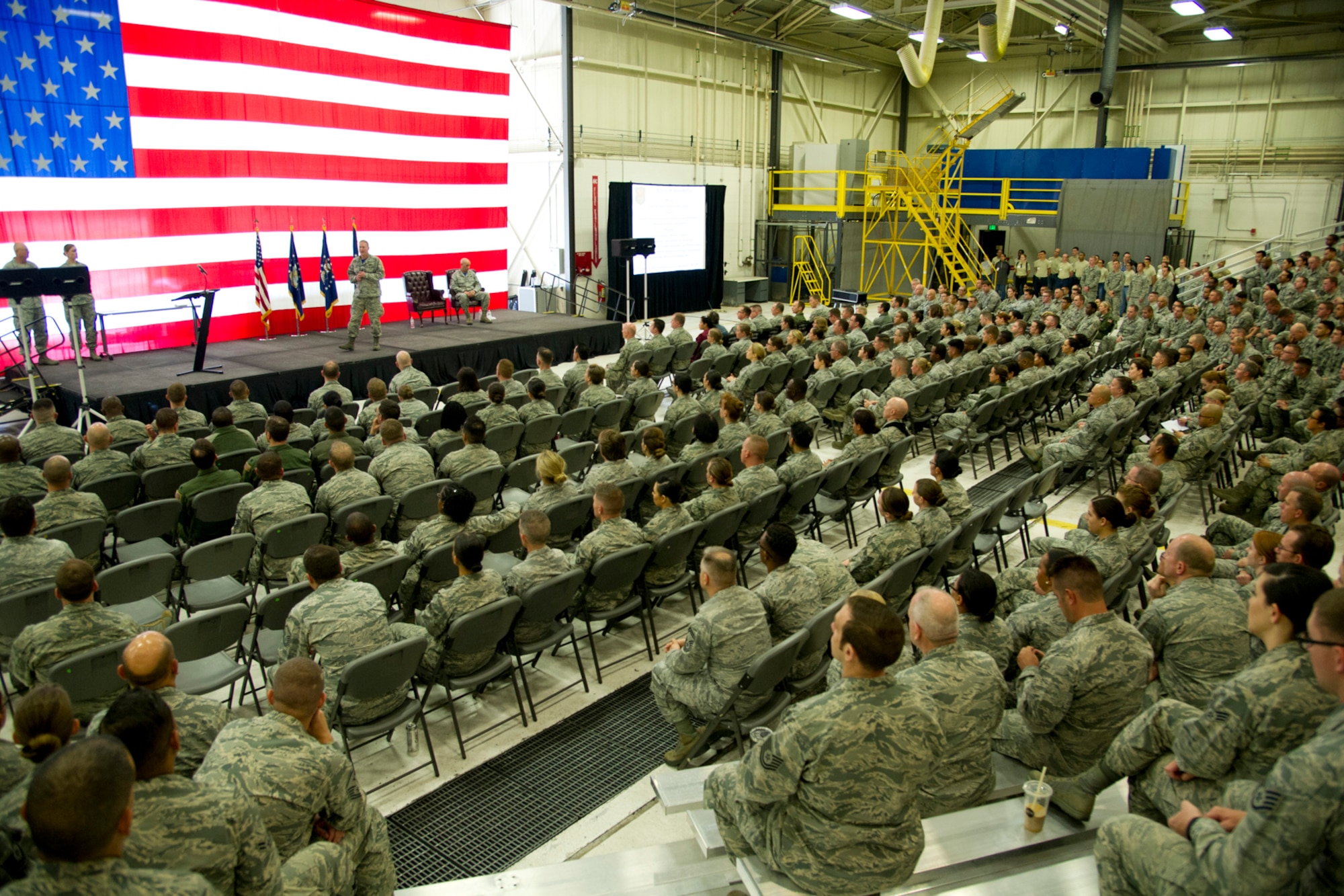 Col. James DeVere, 302nd Airlift Wing commander, speaks with reservists of the wing during a commander’s call, May 6, 2018, at Peterson Air Force Base, Colorado.