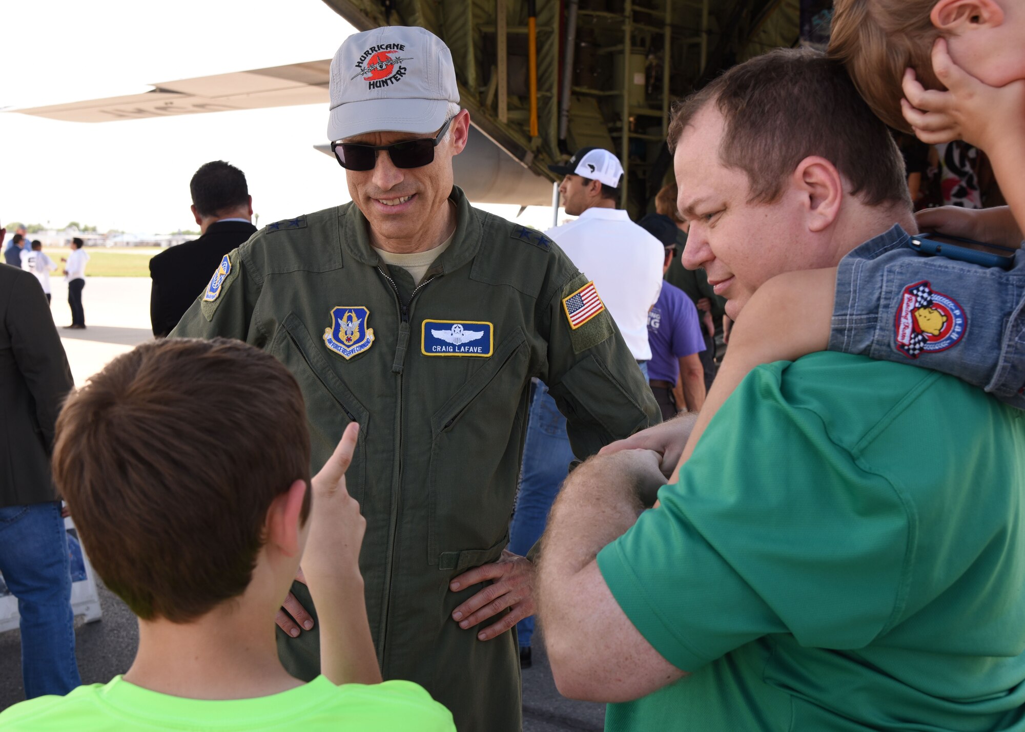 Maj. Gen. Craig La Fave, 22nd Air Force commander, talks about the U.S. Air Force Reserve's 53rd Weather Reconnaissance Squadron Hurricane Hunter mission during the 2018 NOAA Gulf Coast Hurricane Awareness Tour at McAllen Miller International Airport, McAllen, Texas, May 7, 2018. NOAA has conducted the hurricane awareness tour for more than 35 years, alternating between the U.S. Gulf and Atlantic coasts. This is the fourth year the 53rd WRS participated in all five stops of the awareness and preparedness event, which was May 7-11, 2018. (U.S. Air Force photo/Maj. Marnee A.C. Losurdo)