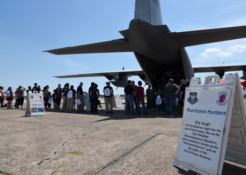 The public tours the WC-130J Super Hercules aircraft at the Jack Brooks Regional Airport, Beaumont, Texas May 8, 2018,  during the NOAA Gulf Coast Hurricane Awareness Tour. The aircraft is flown by the U.S. Air Force Reserve's 53rd Weather Reconnaissance Squadron to collect weather data for National Hurricane Center forecasts. NOAA's National Weather Service and National Hurricane Center has conducted the Hurricane Awareness Tour for more than 35 years; however, this is the fourth year the 53rd WRS has participated in all five stops of the awareness and preparedness event, which was in conjunction with National Hurricane Preparedness Week May 7-11, 2018. (U.S. Air Force photo/Maj. Marnee A.C. Losurdo)