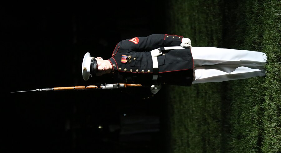 Lance Cpl. Caleb Smith stands at “steep right” during a Friday Evening Parade at Marine Barracks Washington D.C., May 11, 2018. The guest of honor for the parade was the Deputy Secretary of Defense Patrick M. Shanahan and was hosted by the Assistant Commandant of the Marine Corps Gen. Glenn M. Walters.