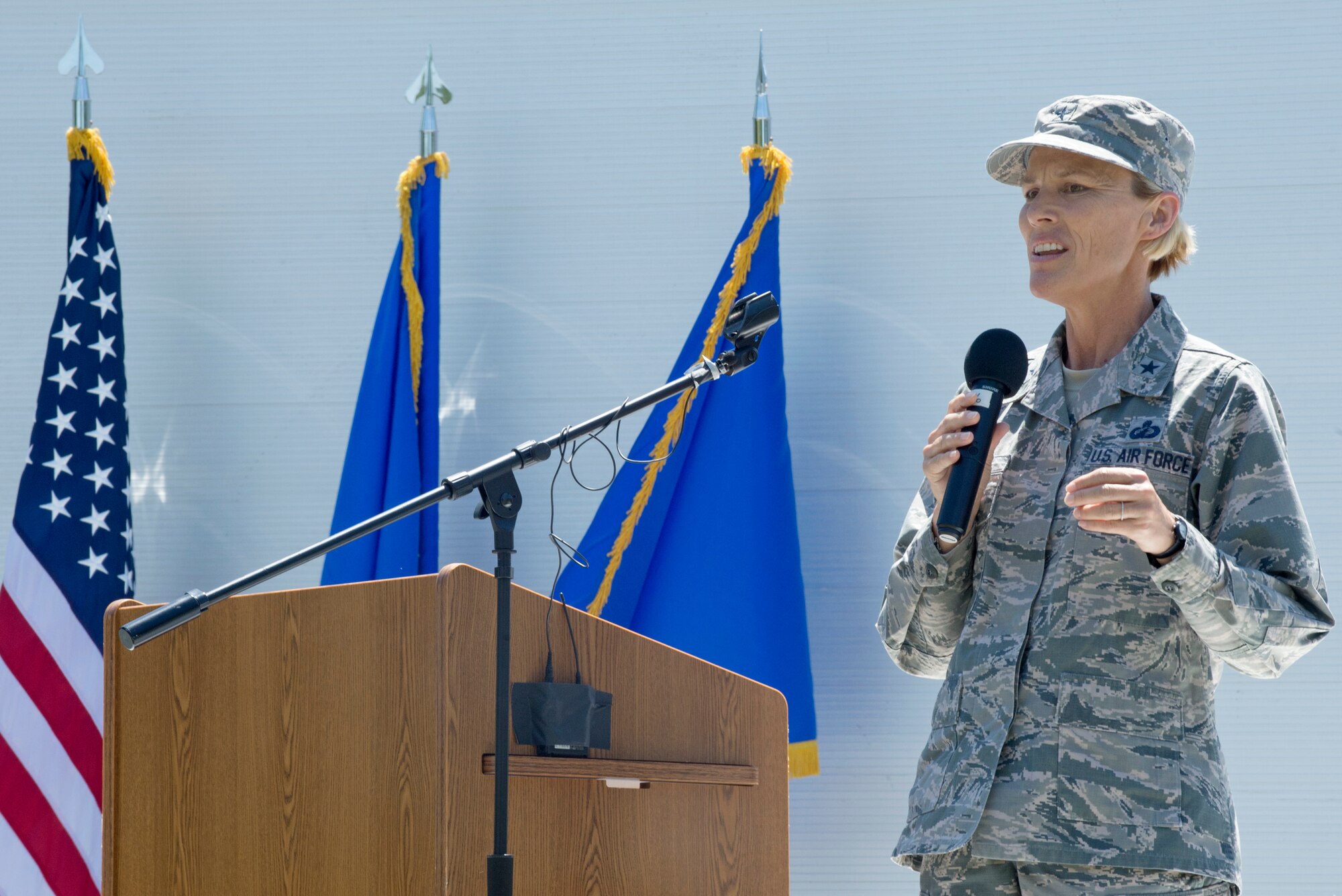 Brig. Gen. Heather Pringle, Joint Base San Antonio commander, addresses the crowd at the JBSA Airman Leadership School naming ceremony at JBSA-Lackland, Texas, May 11, 2018. The school was named in honor of Staff Sgt. Cierra Rogers, an alumnus, who died May 20, 2016, from injuries sustained after saving a family from a burning building April 29, 2016. (U.S. Air Force photo by Tech. Sgt. R.J. Biermann)