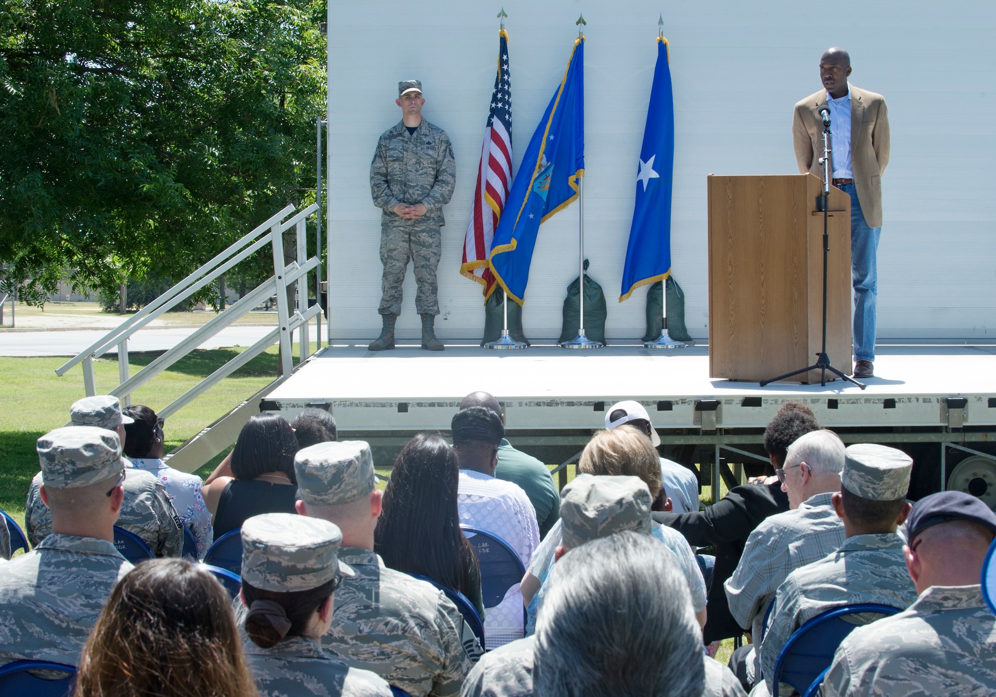 Larry Rogers, father of the late Staff Sgt. Cierra Rogers, talks about Cierra during the Joint Base San Antonio Airman Leadership School naming ceremony in her honor at JBSA-Lackland, Texas, May 11, 2018. Cierra, a school alumnus, died May 20, 2016 from injuries sustained after saving a family from a burning building April 29, 2016. (U.S. Air Force photo by Tech. Sgt. R.J. Biermann)