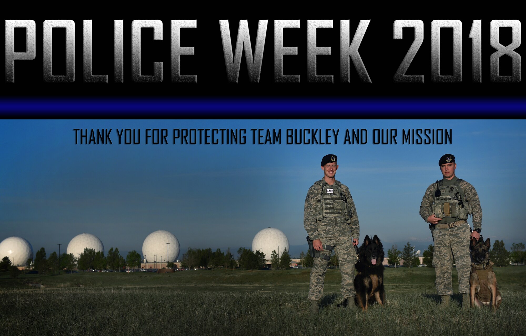 From left to right, Senior Airman Victor Daniels and Staff Sgt. Adam Robinson, both military working dog handlers assigned to the 460th Security Forces Squadron, pose for a photo with their military working dogs, Aries and Ari, respectively, in front of the radomes on Buckley Air Force Base, Colo., May 11, 2018.