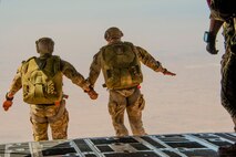 Members of the U.S. Marine Corps Special Forces jump from a C-130J Super Hercules during a parachute exercise April 22, 2018.