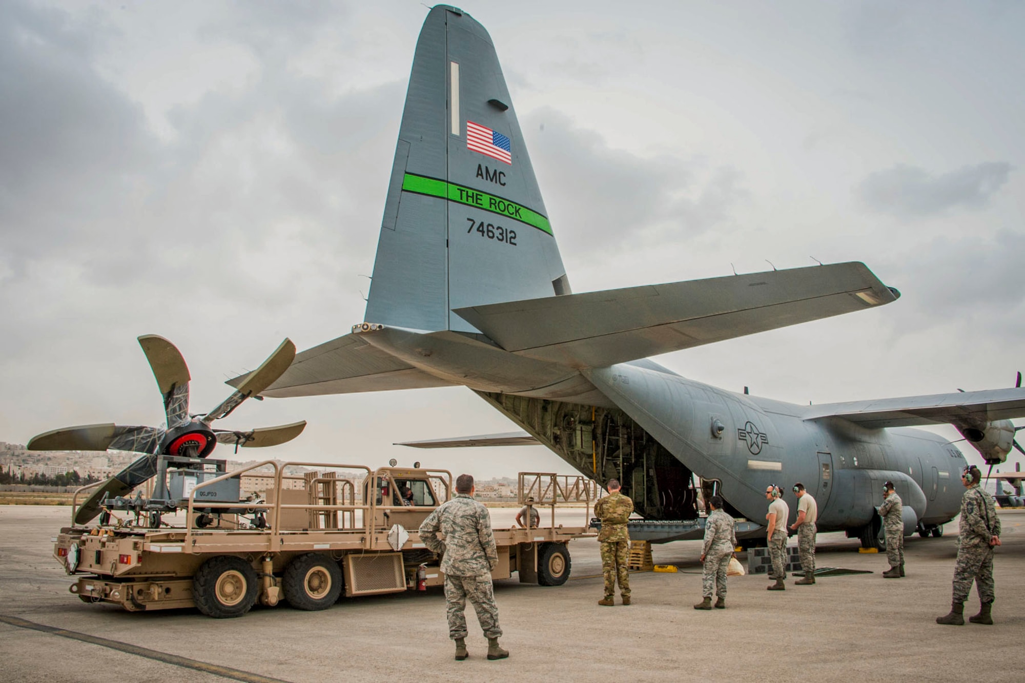 U.S Air Force Reserve Citizen Airmen load an aircraft propeller into a C-130J Super Hercules in Amman, Jordan April 25, 2018. More than 40 Airmen and one C-130J deployed from Little Rock AFB, Ark., to Jordan in support of Eager Lion 2018.