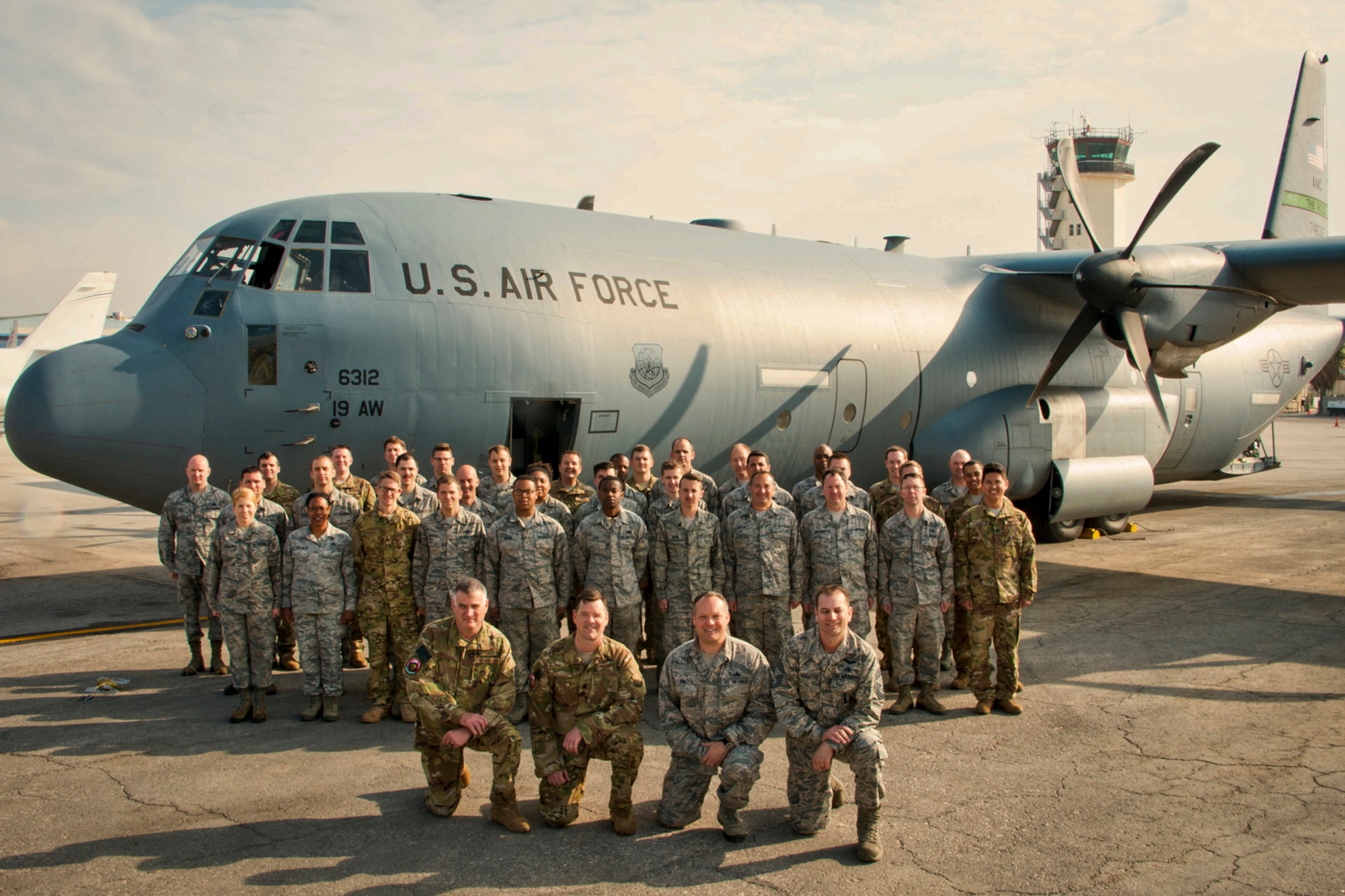U.S Air Force Reserve Citizen Airmen pose for a photo in Amman, Jordan on April 27, 2018. More than 40 Airmen and one C-130J Super Hercules from Little Rock AFB, Ark., deployed to Jordan in support of Eager Lion 2018.