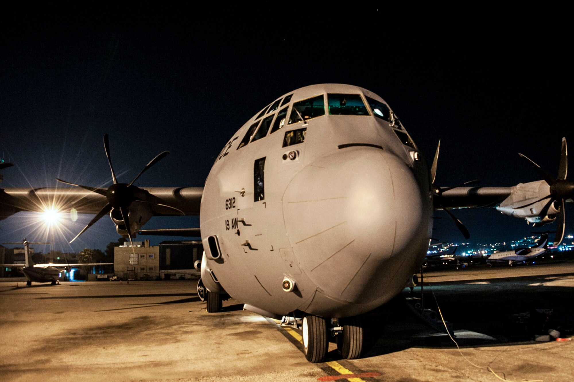 A C-130J Super Hercules from Little Rock Air Force Base, Ark., sits on the ramp in Amman, Jordan April 11, 2018. Approximately 40 Reserve Citizen Airmen and one C-130J deployed to Jordan in support of Eager Lion 2018.