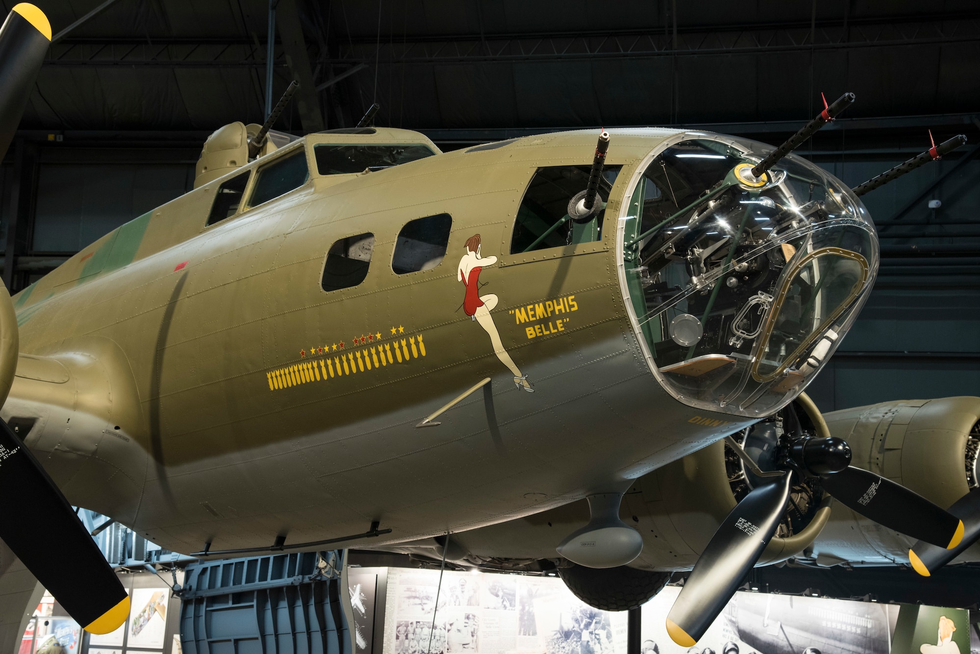 Boeing B-17F Memphis Belle on display in the WWII Gallery at the National Museum of the United States Air Force. B-17's  flew in every combat zone during World War II, but its most significant service was over Europe. Along with the B-24 Liberator, the B-17 formed the backbone of the USAAF strategic bombing force, and it helped win the war by crippling Germany’s war industry.  (U.S. Air Force photo by Ken LaRock)