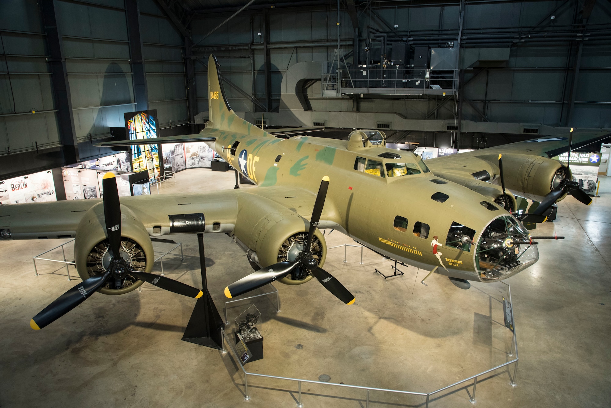 Boeing B-17F Memphis Belle on display in the WWII Gallery at the National Museum of the United States Air Force. B-17's  flew in every combat zone during World War II, but its most significant service was over Europe. Along with the B-24 Liberator, the B-17 formed the backbone of the USAAF strategic bombing force, and it helped win the war by crippling Germany’s war industry.  (U.S. Air Force photo by Ken LaRock)