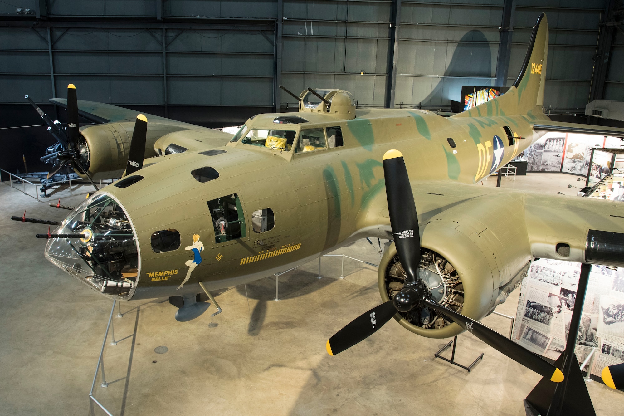 Boeing B-17F Memphis Belle on display in the WWII Gallery at the National Museum of the United States Air Force. B-17's  flew in every combat zone during World War II, but its most significant service was over Europe. Along with the B-24 Liberator, the B-17 formed the backbone of the USAAF strategic bombing force, and it helped win the war by crippling Germany’s war industry.  (U.S. Air Force photo by Ken LaRock)