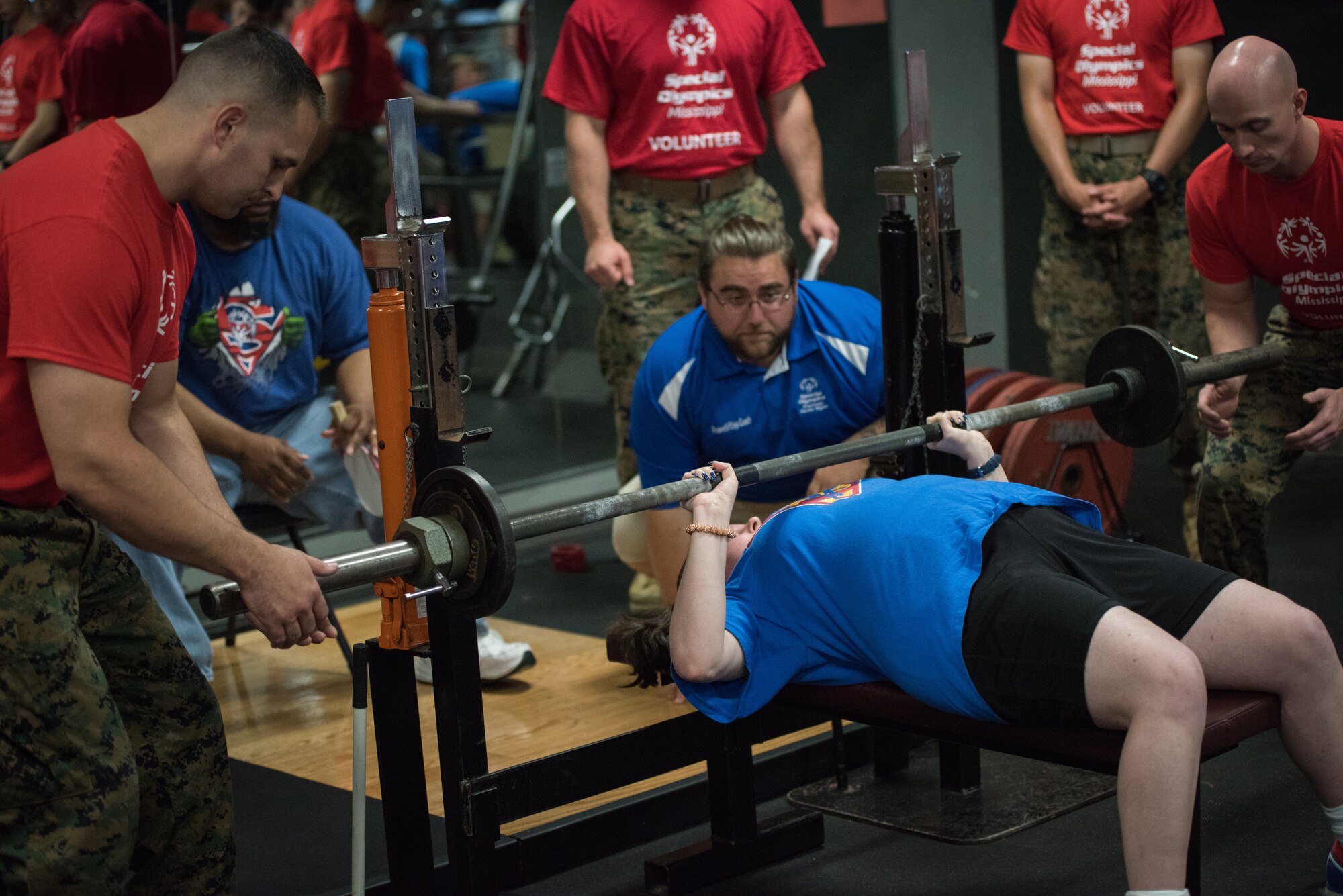 Lauren Smith, Area16 athlete,  competes in power lifting competition during the Special Olympics Mississippi 2018 Summer Games at the Triangle Fitness Center at Keesler Air Force Base, Mississippi, May 12, 2018. Founded in 1968, Special Olympics hosts sporting events around the world for people of all ages with special needs to include more than 700 athletes from Mississippi. (U.S. Air Force photo by Andre' Askew)