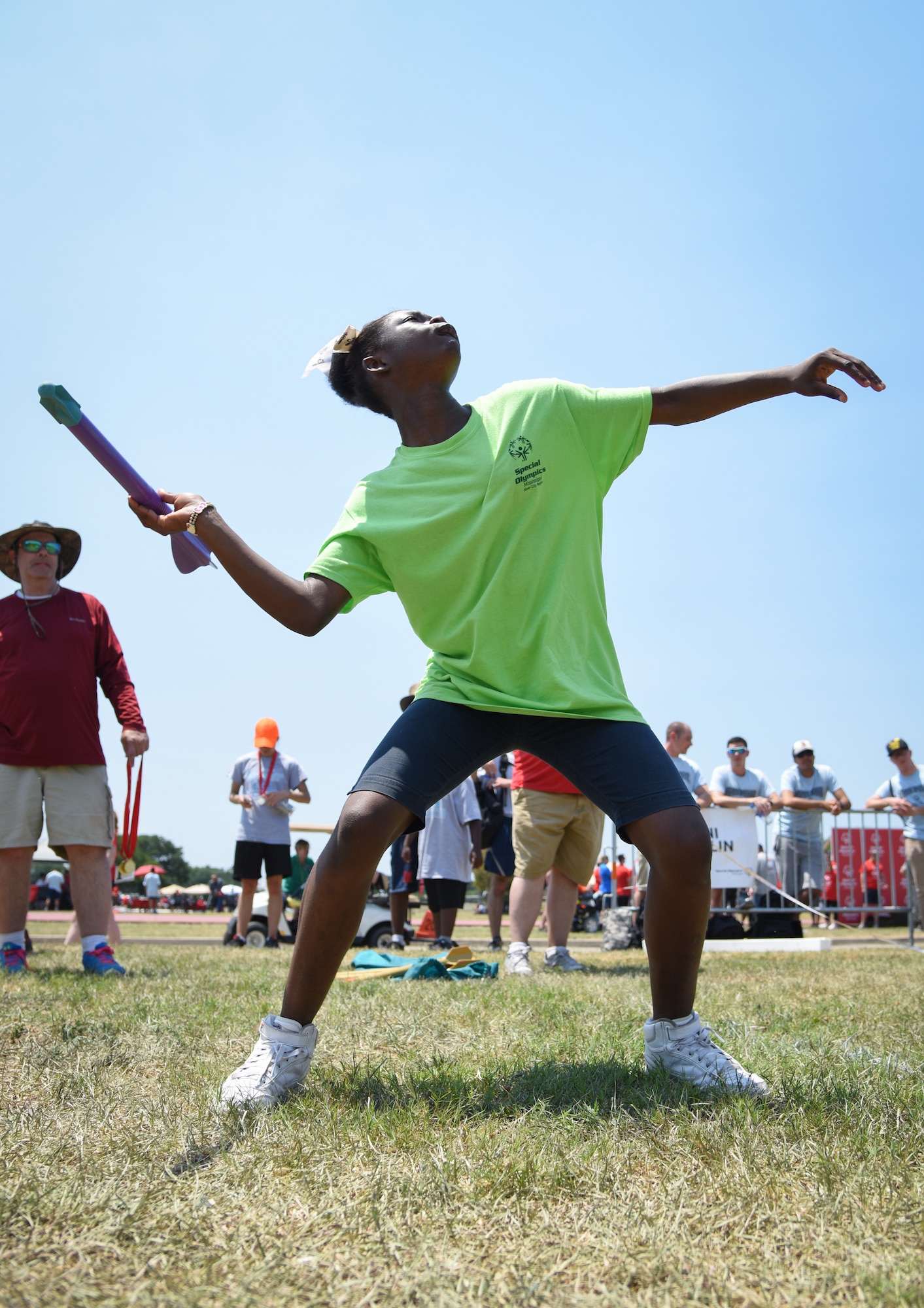 Tashanna Johnson, Area 10 athlete, competes in the javelin throw during the Special Olympics Mississippi 2018 Summer Games at the at the Triangle Track at Keesler Air Force Base, Mississippi, May 12, 2018. Founded in 1968, Special Olympics hosts sporting events around the world for people of all ages with special needs to include more than 700 athletes from Mississippi. (U.S. Air Force photo by Kemberly Groue)