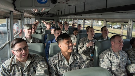 Recent Airman Leadership School graduates participate in an Initial Supervisor Resiliency Training bus tour at Joint Base Elmendorf-Richardson, Alaska, May 10, 2018. The tour is a new Pacific Air Forces-wide initiative for all ALS graduates, which offers an opportunity to see and interact with the programs and resources discussed during the course.