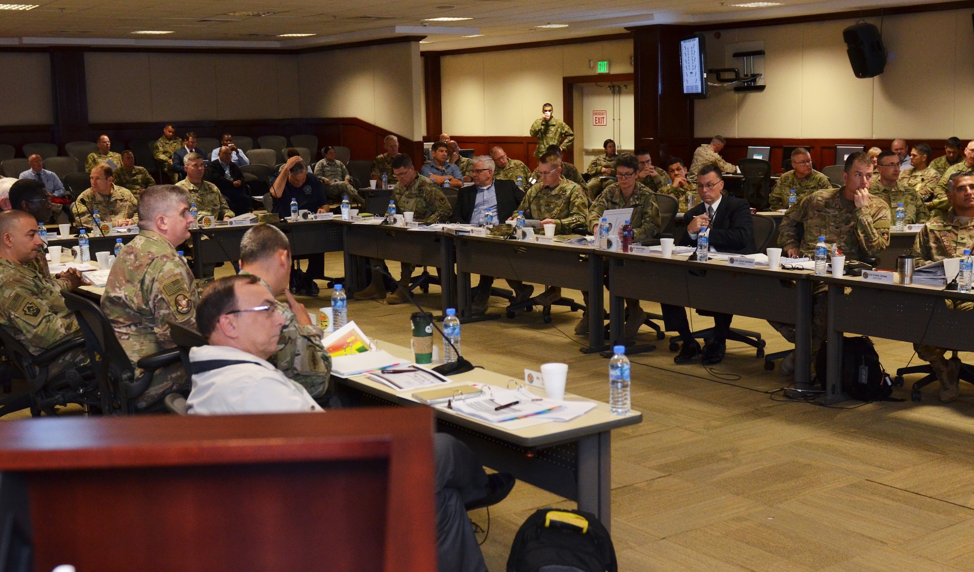 Logistics and Engineering professionals throughout the Department of Defense discuss logistics at the 2018 Joint Logistics Coordination Board at Al Udeid Air Base, Qatar 9 May, 2018. The JLCB conducts planning sessions to better facilitate support to military operations in CENTCOM’s area of responsibility.