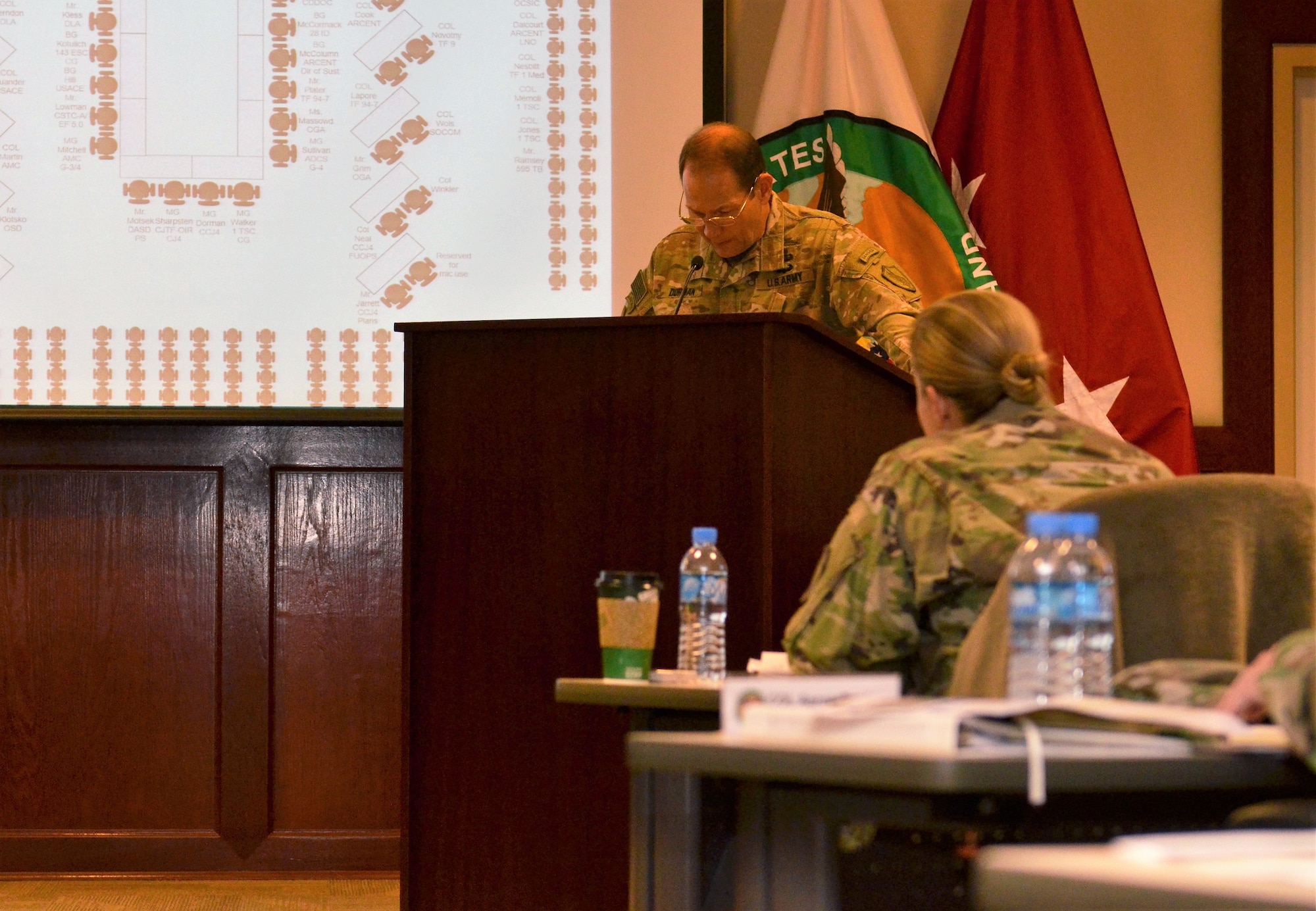 U.S. Army Major General Edward Dorman, Director of Logistics and Engineering for U.S. Central Command, addresses members of the Joint Logistics Coordination Board during a conference at Al Udeid Air Base, Qatar on 9 May, 2018. Dorman urged participants to stay focused on sustaining the fight and setting the theater as a means to support military operations. (U.S. Air Force photo by Senior Airman Patrick Wyatt)