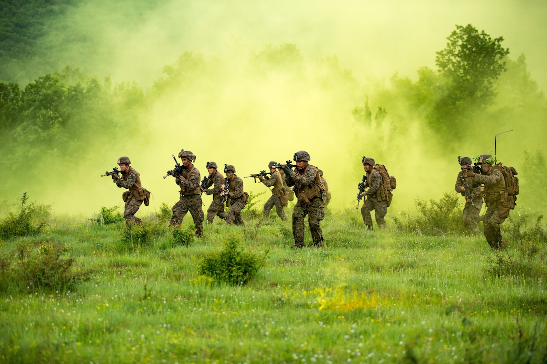 U.S. Marines with Black Sea Rotational Force 18.1 advance to their objective during a patrolling exercise at U.S. Army base Nova Selo Forward Operating Site, Bulgaria, May 10, 2018.
