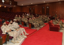 The 40th Brigade Engineer Battalion (BEB), 2d Brigade Combat Team, 1st Armored Division and the Kuwait Land Force (KLF) engineers attend a graduation ceremony at the KLF Institute Headquarters. The ceremony honored soldiers who participated in the week-long training to exchange technical and tactical professional engineer methodologies, April 12, 2018.