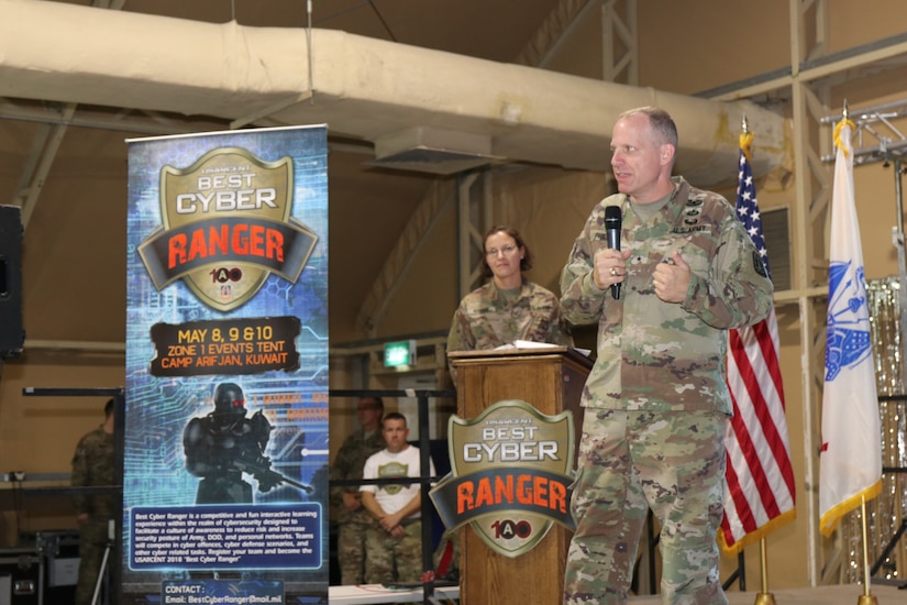 Brig. Gen. John H. Phillips, US ARCENT G-6, addresses the audience during the Best Cyber Ranger Competition, Camp Arifjan, Kuwait, May 10.
