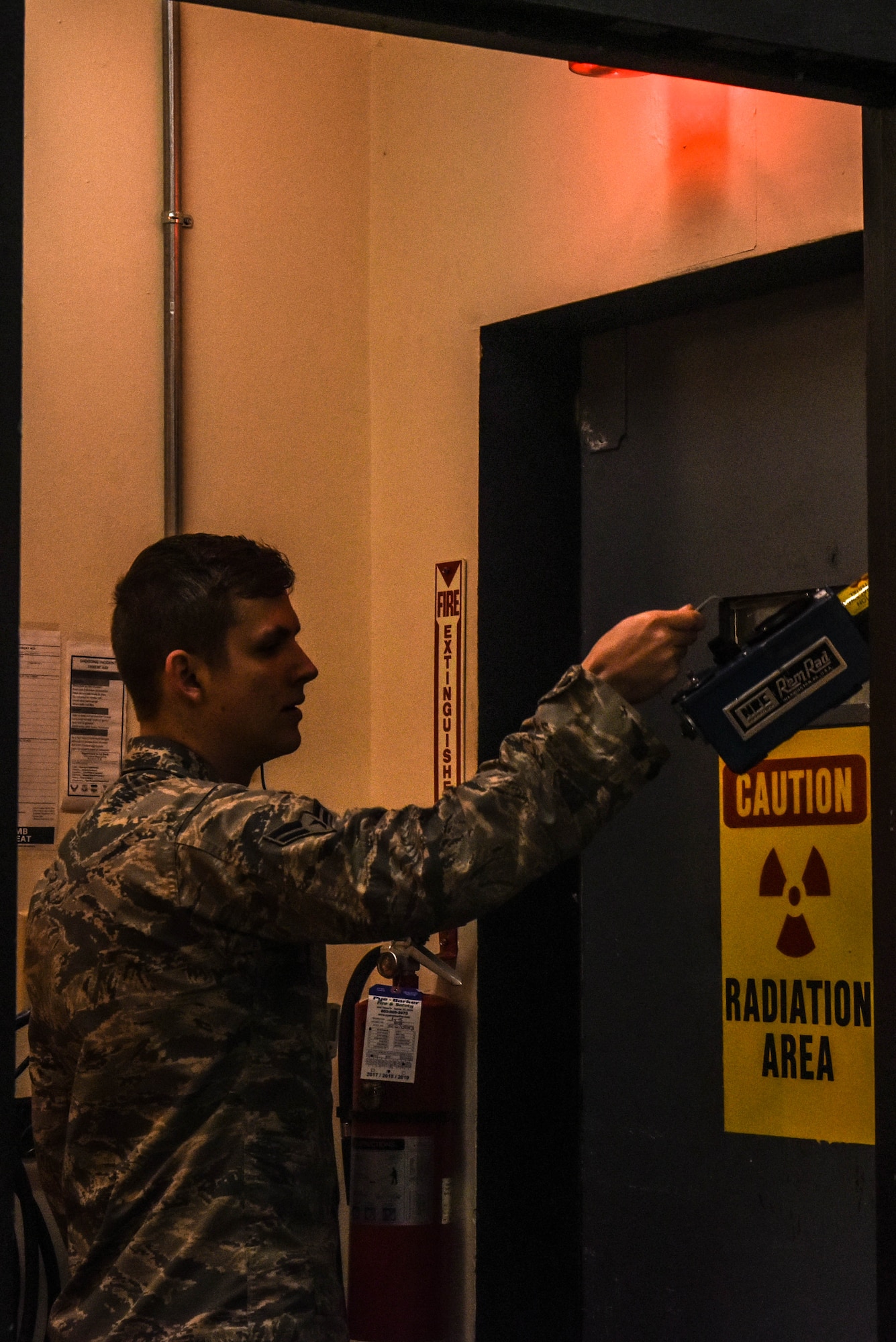 U.S. Air Force Airman 1st Class Tyler Chance, 20th Equipment Maintenance Squadron nondestructive inspection journeyman, uses a low-energy ion chamber survey meter at Shaw Air Force Base, S.C., April 25, 2018.