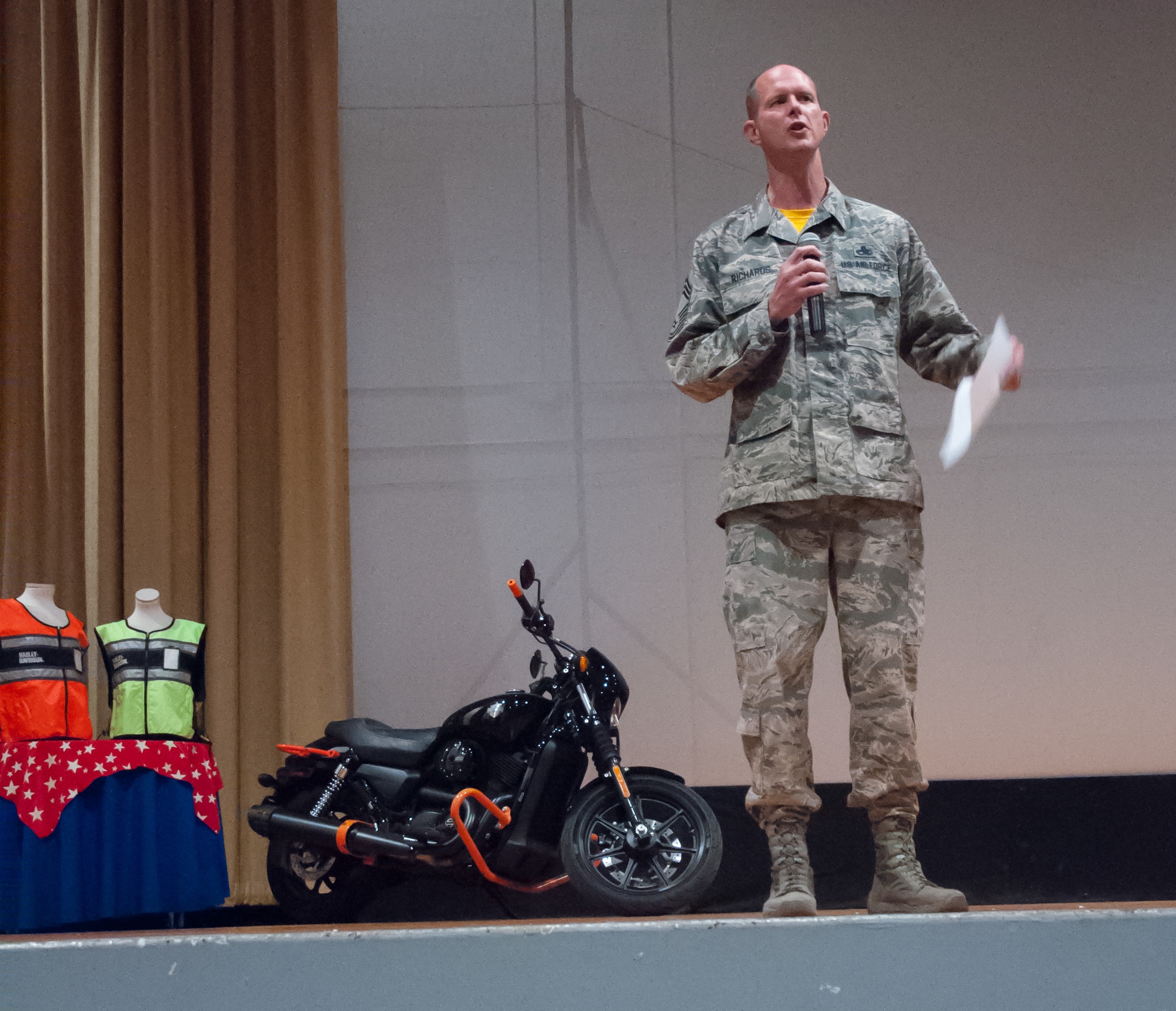 Chief Master Sgt. Jeff Richards, one of the original founders of the Green Knights International Military Motorcycle Club™, talks about the importance of mentorship and growing safe riders at Wright-Patterson's Motorcycle Safety Day May 11, 2018.
