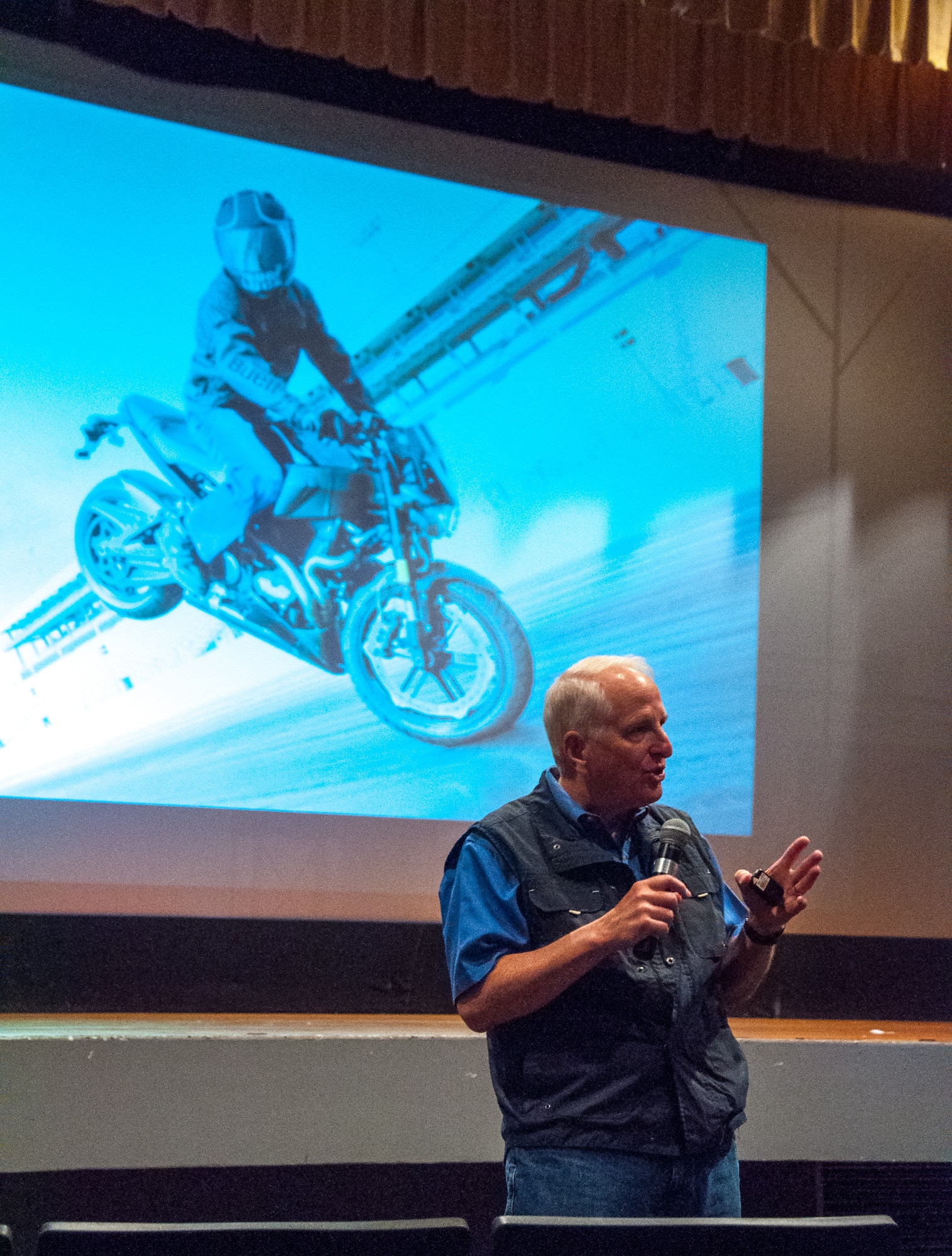 Dr. Ray Ochs, Motorcycle Safety Foundation’s vice president of training systems and lead developer of the MSF Basic RiderCourse ℠, discusses stunting and other risky behavior at Motorcycle Safety Day May 11, 2018.
