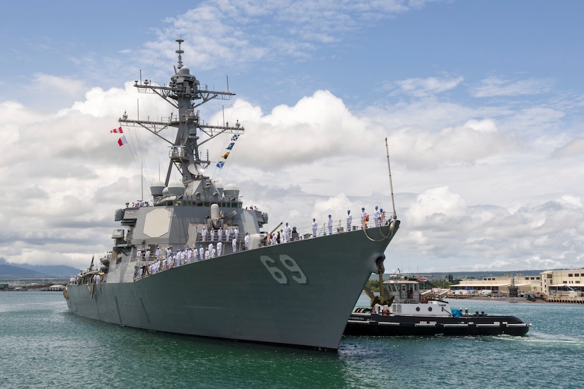 The guided missile destroyer USS Milius arrives in Pearl Harbor, Hawaii.
