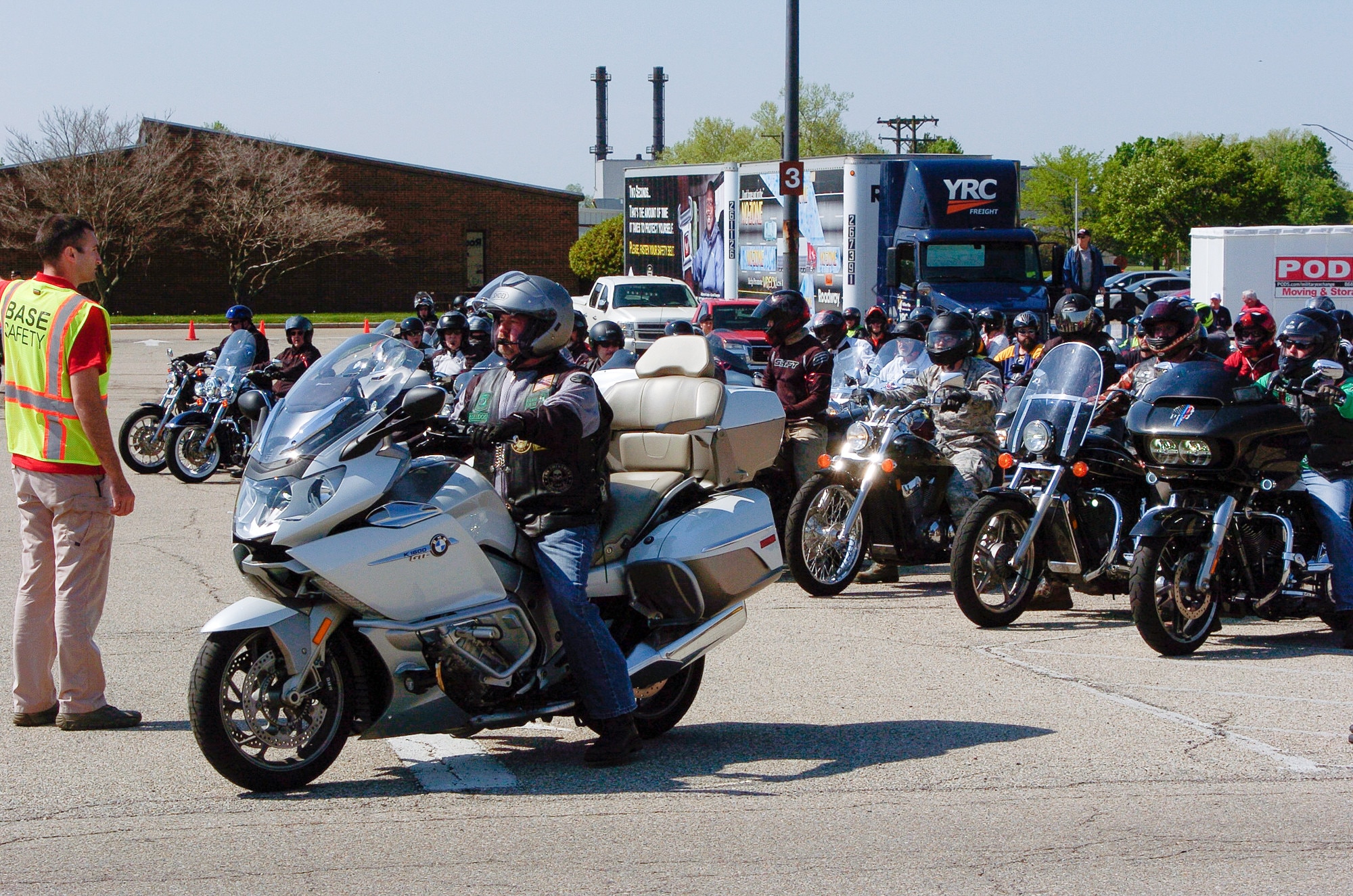 Green Knights Chapter 32 President, Alan "Bulldog" Thompson, prepares to lead more than 120 riders out on an optional 38-mile group ride as part of the Wright-Patterson Air Force Base Motorcycle Safety Day 2018.