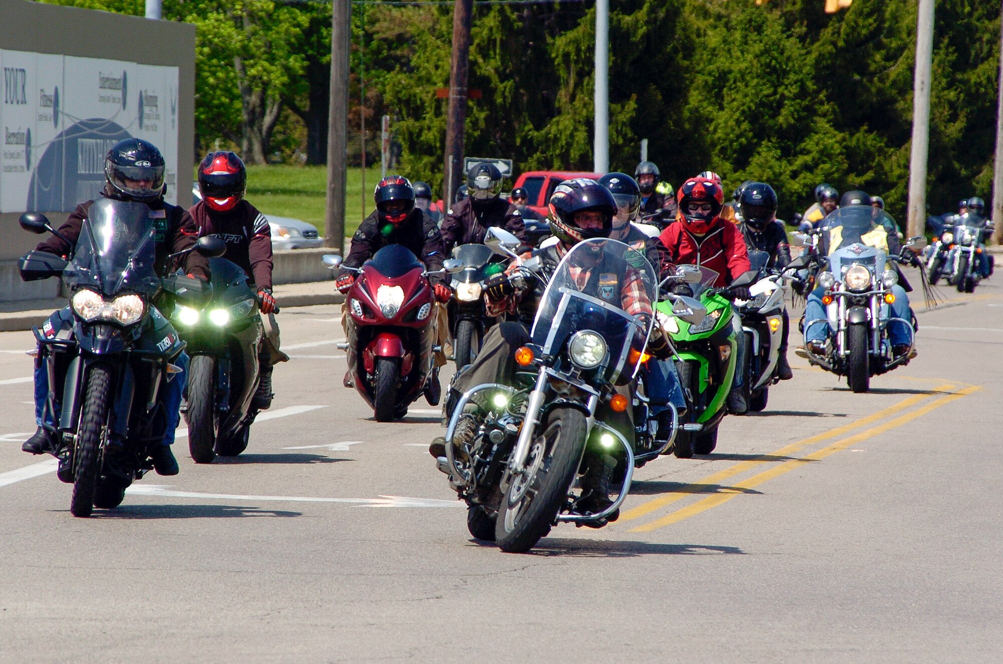 Riders return from an optional 38-mile group ride as part of Wright-Patterson Air Force Base's Motorcycle Safey Day 2018 May 11.