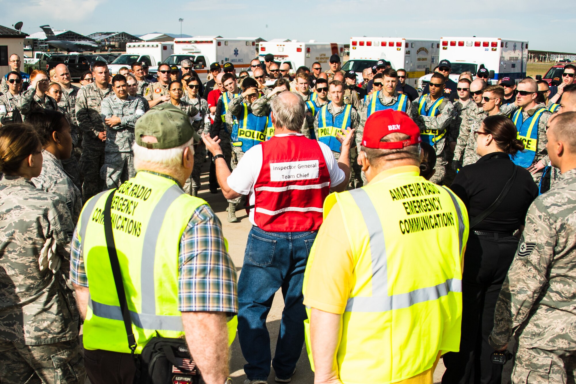 Emergency response personnel from the base and surrounding commmunities receive an instructions before a major accident response exercise May 9, 2018, at Hill Air Force Base, Utah. The exercise was held in preparation for the Warriors Over the Wasatch Air and Space Show June 23-34. (U.S. Air Force photo by R. Nial Bradshaw)