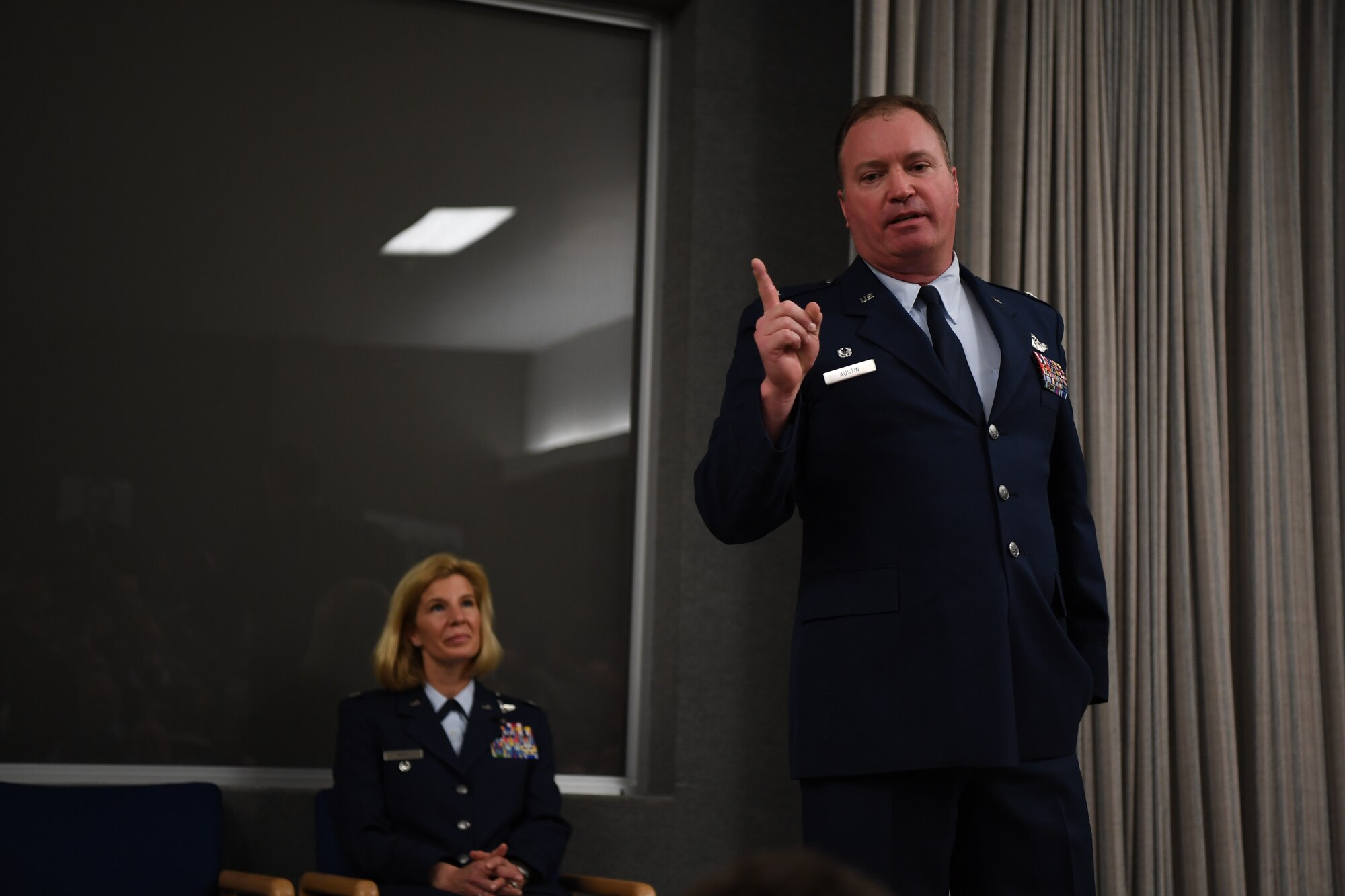 Lt. Col. Joe Austin addresses an audience of friends, family and peers after assuming command of the 72nd Air Refueling Squadron at Grissom Air Reserve Base, Ind., April 7, 2018. Deeply rooted in military tradition since the middle ages, change of command ceremonies afford service members the opportunity to witness a symbolic passing of the torch.  (U.S. Air Force photo/Senior Airman Harrison Withrow)