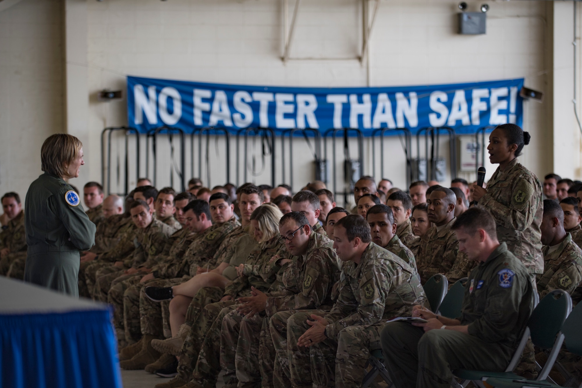 Master Sgt. Jennifer Threatt, right, 38th Rescue Squadron aircrew flight equipment logistics superintendent, participates in an open forum with Col. Jennifer Short, left, 23d Wing commander, during a one-day operational safety review, May 14, 2018, at Moody Air Force Base, Ga. During the safety review, the commander-led forum gathered feedback from Airmen who execute the Air Force's flying and maintenance operations and challenged them to identify issues that may cause a future mishap. (U.S. Air Force photo by Senior Airman Daniel Snider)