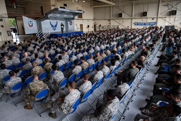 Col. Jennifer Short, 23d Wing commander, addresses Airmen from Team Moody’s operations and maintenance units during a one-day operational safety review, May 14, 2018, at Moody Air Force Base, Ga. During the safety review, the commander-led forum gathered feedback from Airmen who execute the Air Force's flying and maintenance operations and challenged them to identify issues that may cause a future mishap. (U.S. Air Force photo by Senior Airman Daniel Snider)