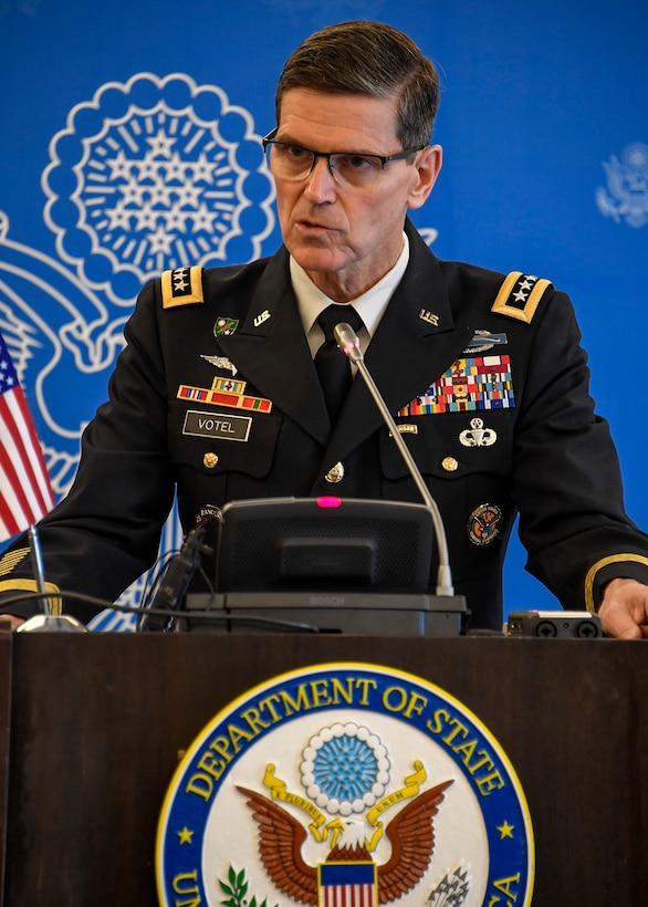 Dushanbe, Tajikistan-- U.S. Army Gen Joseph L. Votel, commander, U.S. Central Command, talks with members of the media during a press conference, May 11, 2018. Votel was in Tajikistan to meet with senior leaders to discuss topics of common interest that support security and stability in Central Asia. (U.S. Air Force photo by Tech Sgt. Dana Flamer/Released)