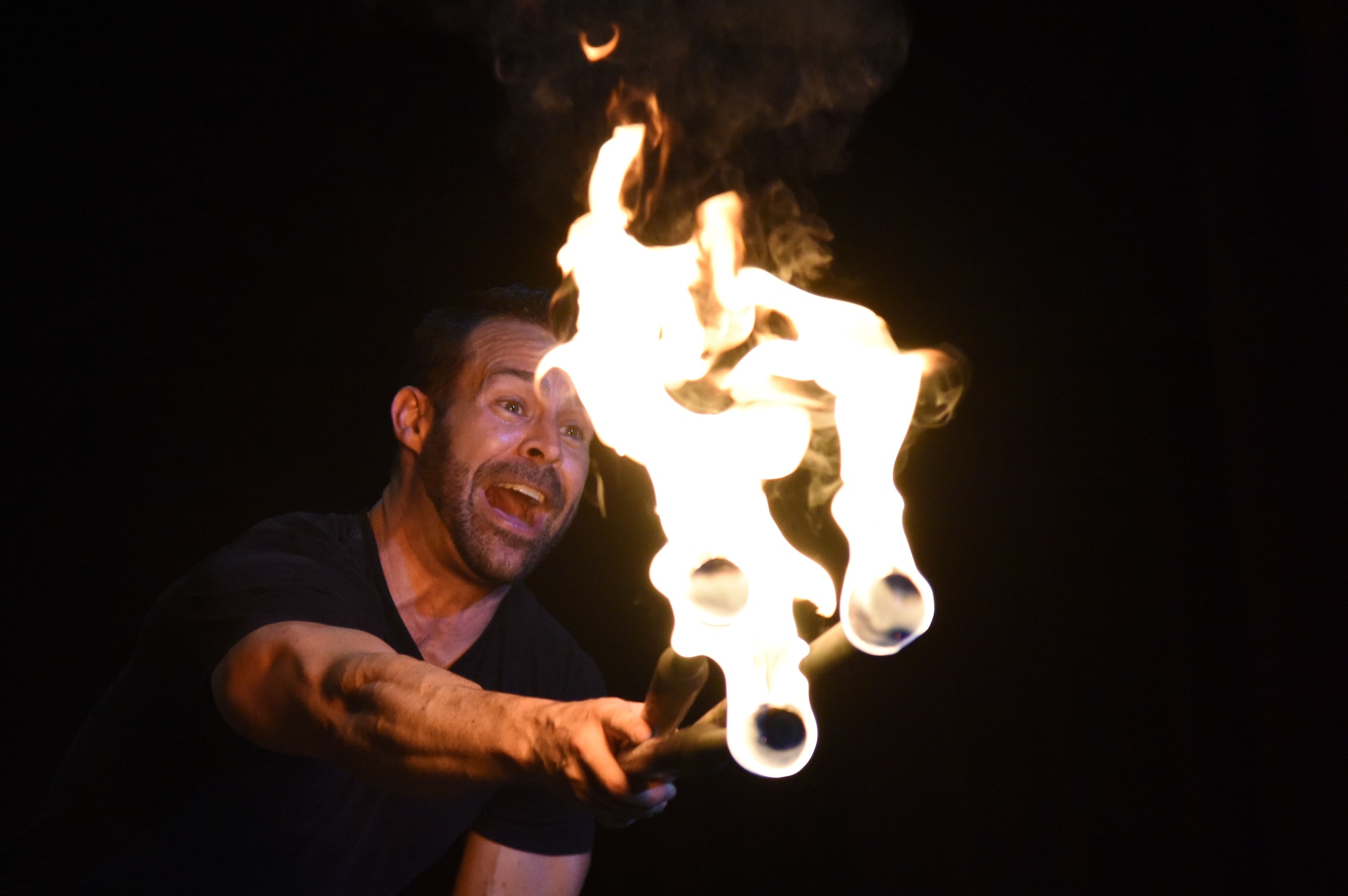 Ivan Pecel, juggler, performs a routine during his show at the Welch Theater at Keesler Air Force Base, Mississippi, May 9, 2018. Pecel, an award winning juggler with more than 15 years of juggling experience, is also a comedian and performed during the first season of America’s Got Talent. (U.S. Air Force photo by Kemberly Groue)