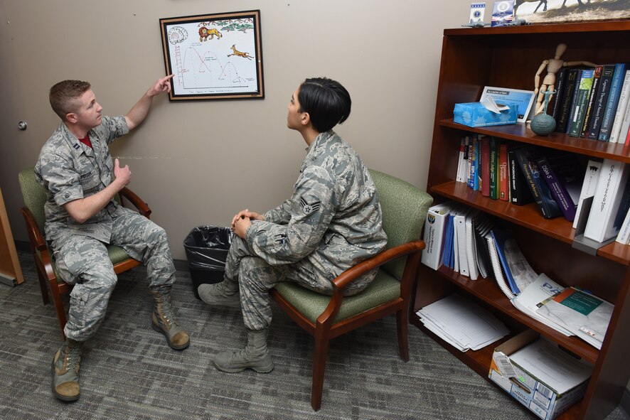 Capt. Daniel Gibson, 92nd Medical Operation Squadron psychologist, conducts one-on-one counseling with Senior Airman Jasmine Dougherty, 92nd Medical Operation Squadron Alcohol Drug Abuse Prevention Treatment technician, May 4, 2018 at Fairchild Air Force Base, Wash. (U.S. Air Force photo by Staff Sgt. Samantha Krolikowski)