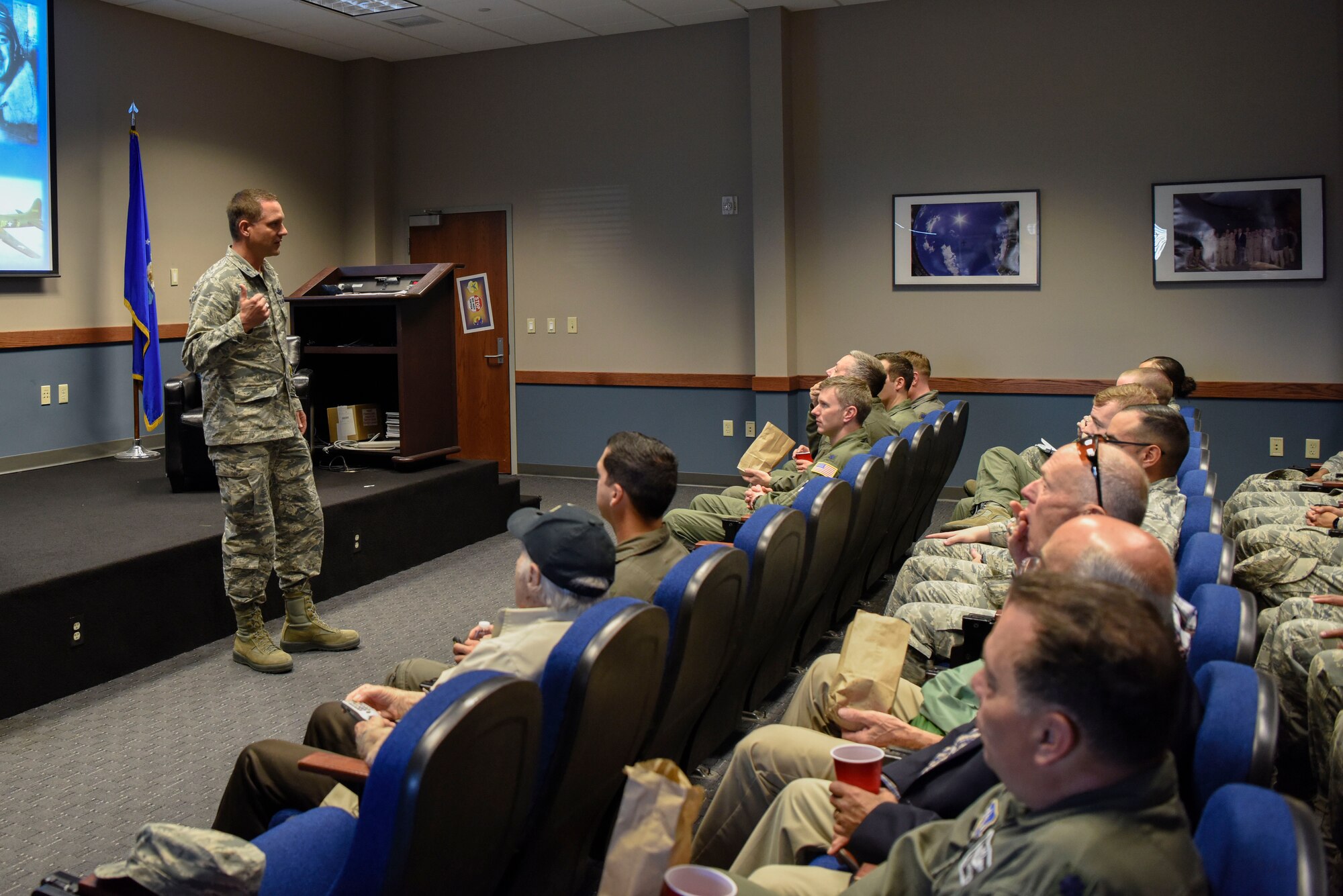 Col. Ethan Griffin, 436th Airlift Wing commander, gives the opening remarks at the quarterly Hangar Talk May 10, 2018, at Dover Air Force Base, Del. This was Griffin’s last heritage event before his change of command. (U.S. Air Force photo by Airman 1st Class Zoe M. Wockenfuss)