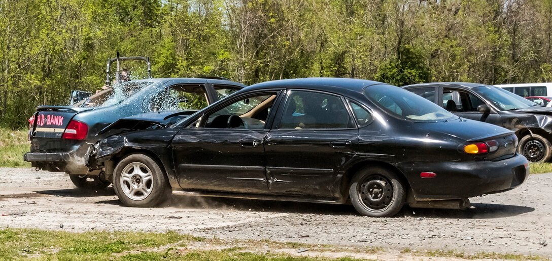 Participants demonstrate ramming technique during the instinctive driving training of the Senior Leader Security Seminar at Montross, Va., May 1, 2018. The unique two-day anti-terrorism course ensures the safety and survivability of  Air Force leaders traveling in medium to critical threat areas. (U.S. Air Force photo by Michael Hastings)