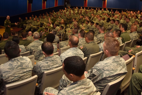 Col. Thomas K. Smith Jr., 433rd Airlift Wing commander, answers questions from members of the 433rd Operations and Maintenance Groups during a recent one-day operational safety review at Joint Base San Antonio-Lackland, Texas, May 14, 2018. The safety down-day, directed by Chief of Staff of the Air Force Gen. David L. Goldfein to all Air Force wings with flying and maintenance functions, focused on risk management to prevent future mishaps or unsafe conditions.